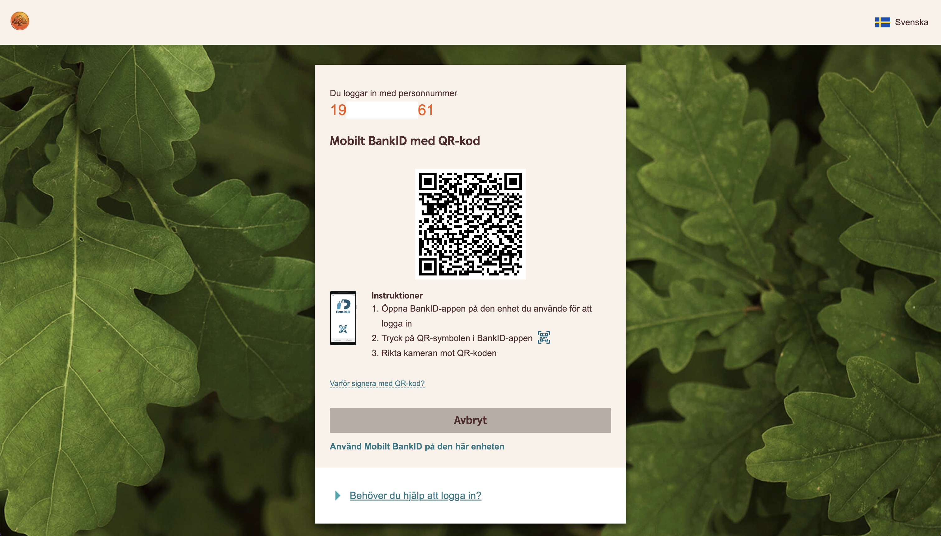 Swedbank personal Mobile BankID QR code